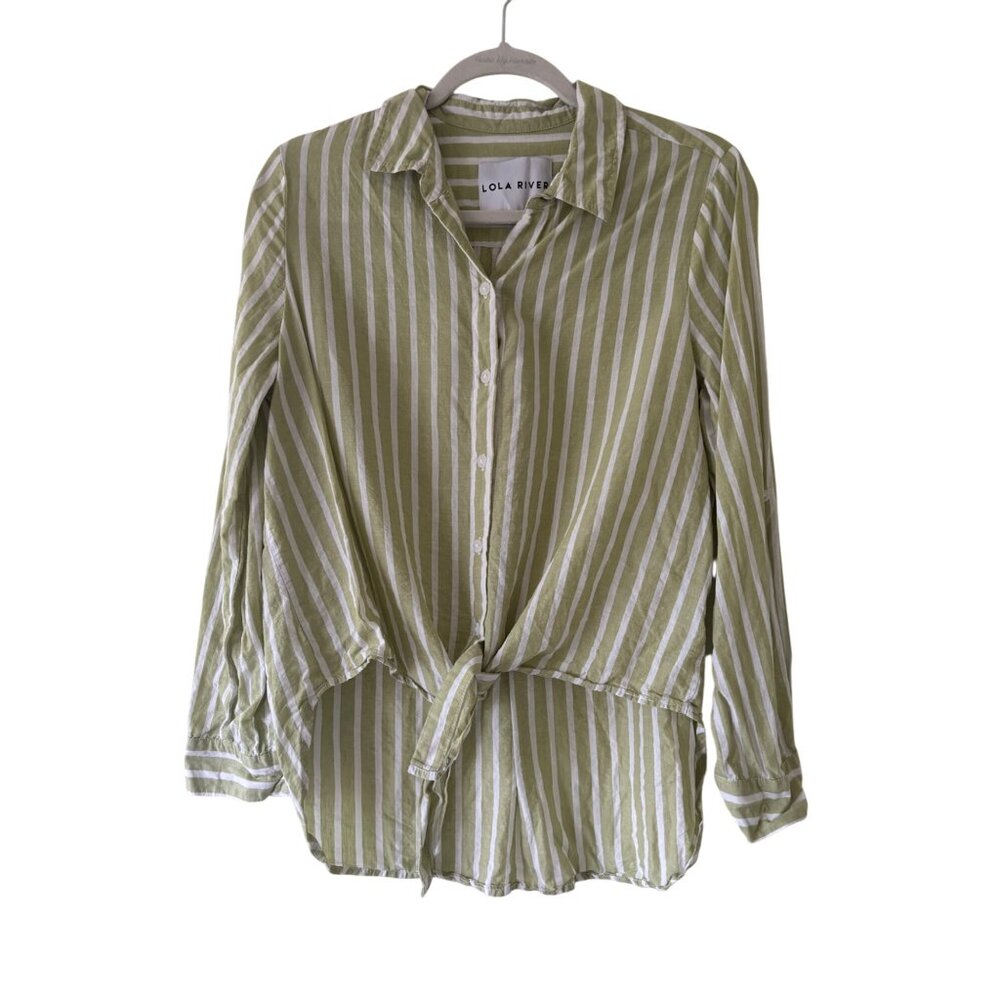 Lola River Green White Striped Button-Down Shirt With Tie-Front  Lightweight